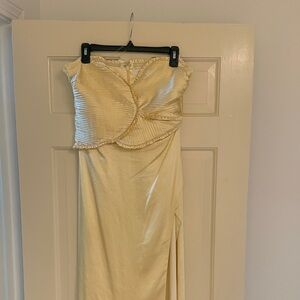 Meshki Larissa Satin Maxi Dress With Ruched Petals - Lemon